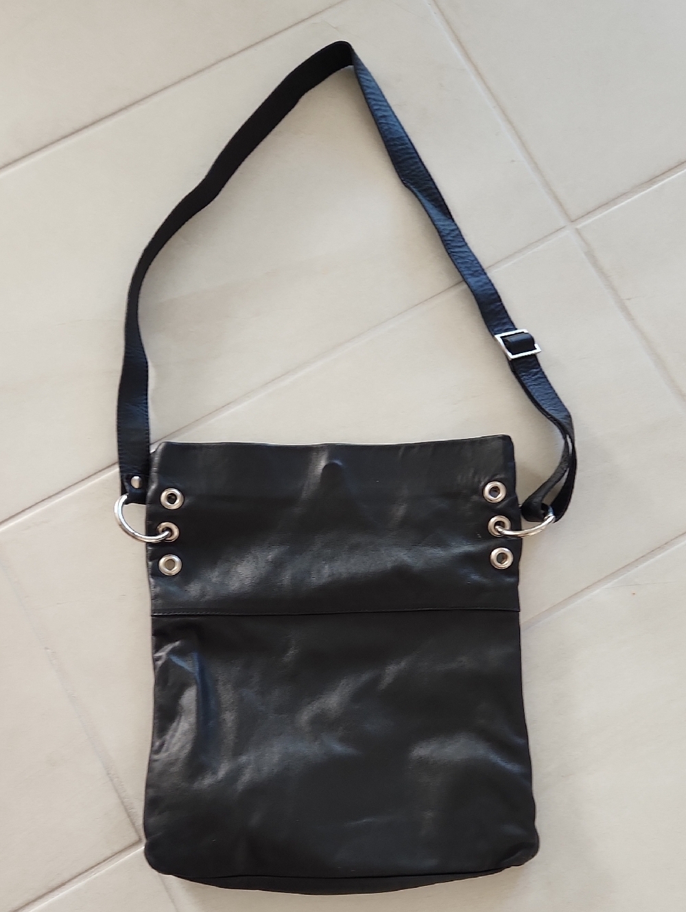 Italuan Black Leather Crossbody Bag with Silver Eyelets